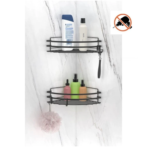 Tekno Tel ST-207 Yapışkanlı Kancalı 2 Adet Köşelik Banyo Rafı Siyah