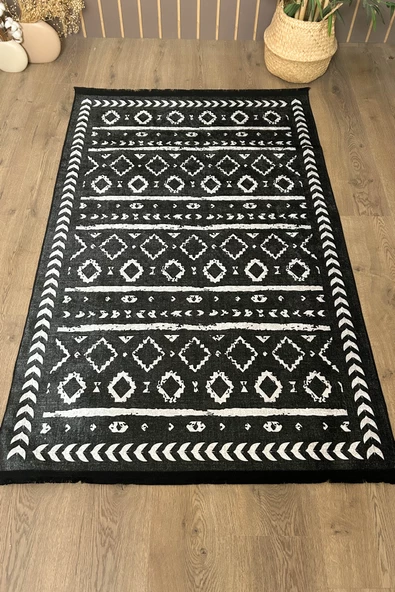 Siyah İskandinav Yıkanabilir Kaymaz Bambu Halı Pamuk Kilim Salon Halısı ve Yolluk