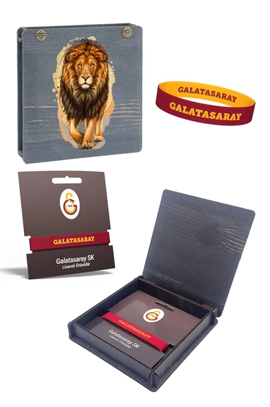 Galatasaray Orijinal Çift Taraflı Silikon Bileklik Aslan Baskılı Hediyelik Ahşap Kutulu