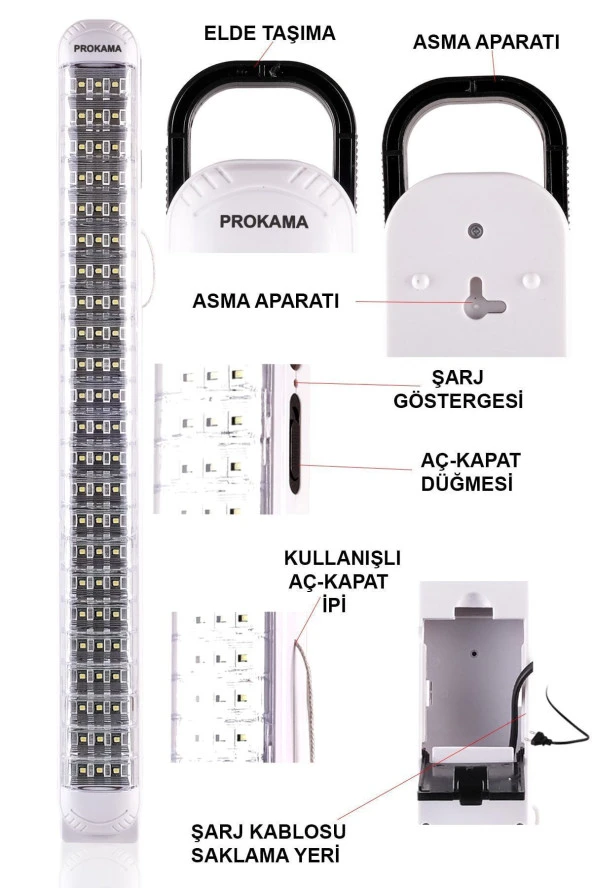 69 Ledli Ipli Şarj Edilebilir Acil Durum Işıldak Şarj Edilebilir Kademeli Aydınlatma El Feneri