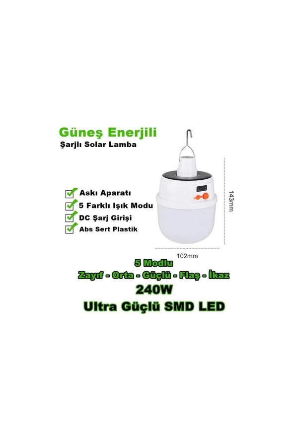 240w Güneş Enerjili Solar Aydınlatma Kamp Çadır Lambası Şarjlı Ampül 24smd Led Şarjlı El Feneri - 2