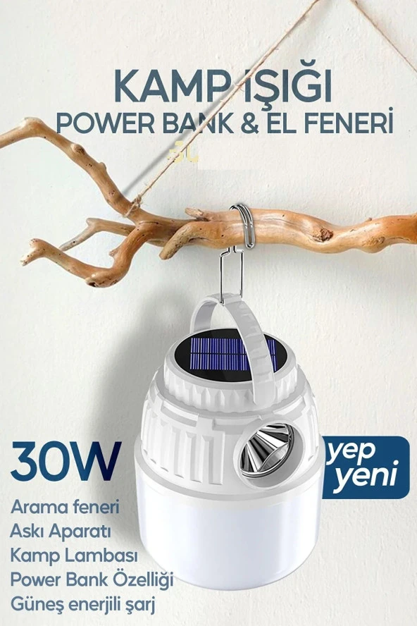 Kamp Lambası Solar Şarjlı El Feneri USB Type-C Şarj Çıkışlı Power Bank Özellikli Lithium 30W Askılı