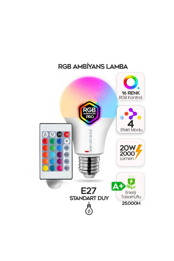 Rgb Led Lamba Kumandalı Ambiyans Aydınlatma 2000 Lümen Tasarruflu Renk Değiştiren Led Işık