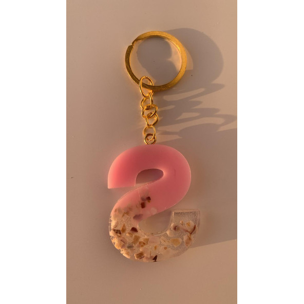 S Harfi Pembe Renk Epoksi ve Deniz Kabuğu Kırığı Süslemeli Gold Halka Anahtarlık El Yapımı Hediyelik - Resim 6