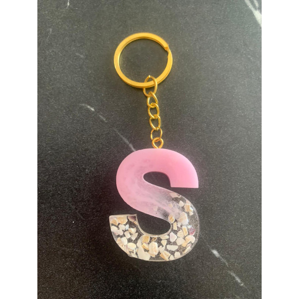S Harfi Pembe Renk Epoksi ve Deniz Kabuğu Kırığı Süslemeli Gold Halka Anahtarlık El Yapımı Hediyelik - Resim 8
