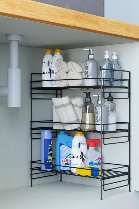Zabata 3 Katlı Evye Tezgah Altı Raf Banyo Mutfak Dolabı Çok Amaçlı Düzenleyici Deterjanlık Organizer