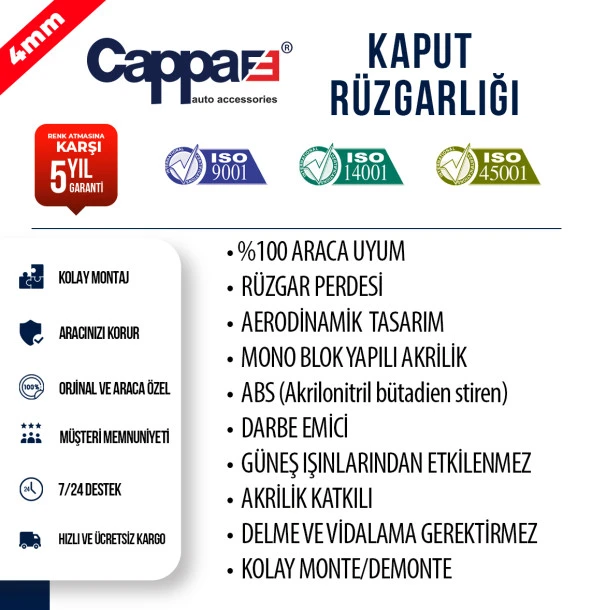 RENAULT EXPRESS KAPUT RÜZGARLIĞI CAPAFE 2021 2022 2023 4MM - 6