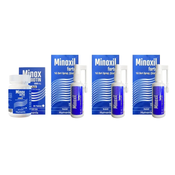 Minoxil Forte Deri Spreyi 3 kutu ve Minox Biotin 90 Tablet