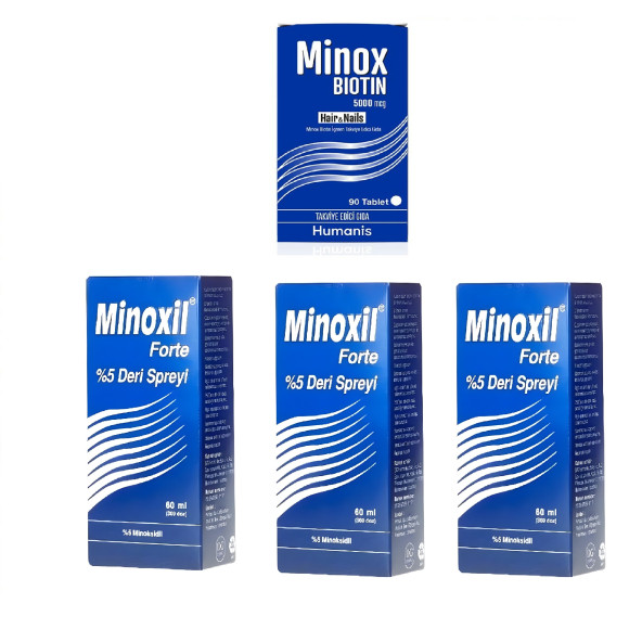 Minoxil Forte Deri Spreyi 3 kutu ve Minox Biotin 90 Tablet