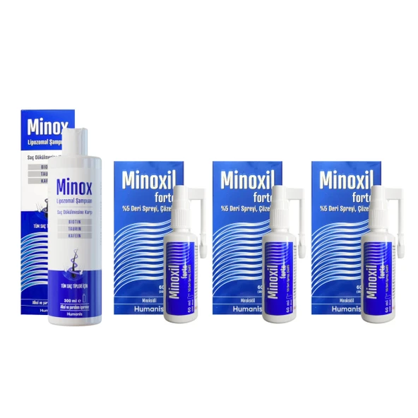 Minoxil Forte Deri Spreyi 3 Kutu ve Minox Şampuan 300 ml