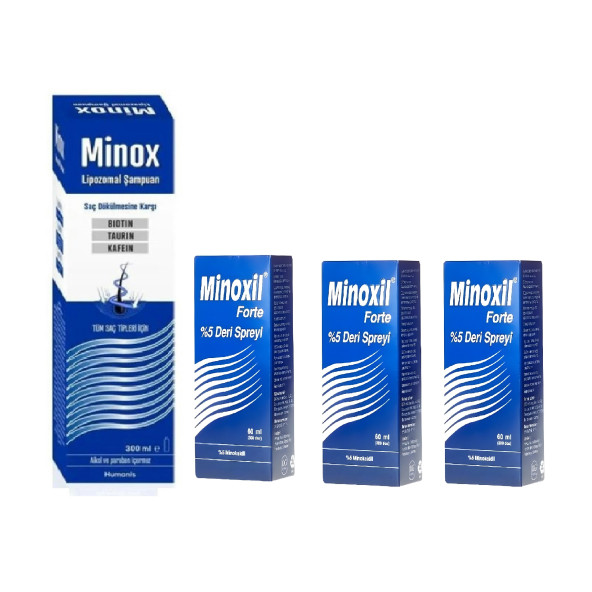 Minoxil Forte Deri Spreyi 3 Kutu ve Minox Şampuan 300 ml