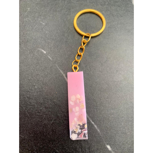 I Harfi Pembe Renk Epoksi ve Deniz Kabuğu Kırığı Süslemeli Gold Halka Anahtarlık El Yapımı Hediyelik - 2