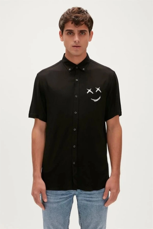 Bad Bear Smile Shirt Siyah Kısa Kollu Baskılı Erkek Gömlek