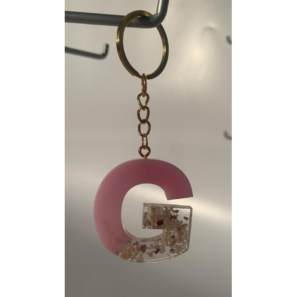 R Harfi Pembe Renk Epoksi ve Deniz Kabuğu Kırığı Süslemeli Gold Halka Anahtarlık El Yapımı Hediyelik - 3
