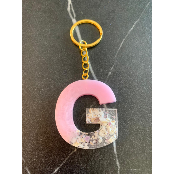 R Harfi Pembe Renk Epoksi ve Deniz Kabuğu Kırığı Süslemeli Gold Halka Anahtarlık El Yapımı Hediyelik - 6