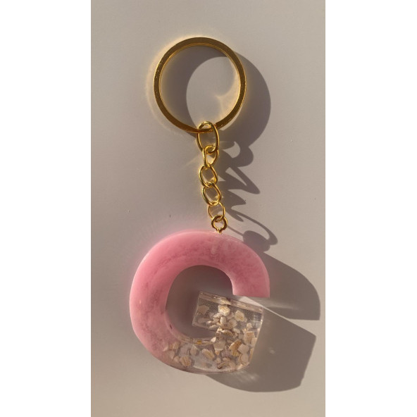 R Harfi Pembe Renk Epoksi ve Deniz Kabuğu Kırığı Süslemeli Gold Halka Anahtarlık El Yapımı Hediyelik - 7