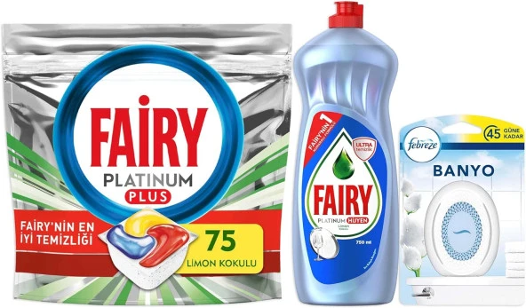 Plt Plus 75 Yıkama Bulaşık Deterjanı Kapsülü/Tableti + Plt Hijyen 750 ml Sıvı Bulaşık Deterjanı + Febreze 300 ml Banyo Oda Kokusu Temiz Çarşaf Ferahlığı, 1 Paket