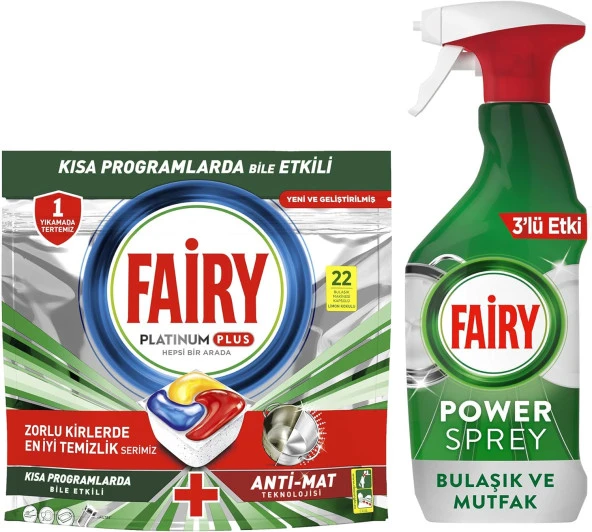 Platinum Plus 22 Yıkama Bulaşık Makinesi Kapsülü Fairy Power Sprey 3 ü 1 Arada Bulaşık Ve Mutfak 500 ml