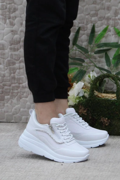 Fort Flet 207 Beyaz Fermuarlı Bağçıklı Dolgu Taban Kadın Spor Ayakkabı