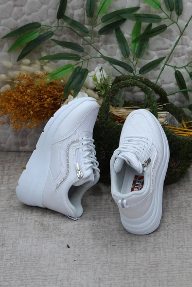 Fort Flet 207 Beyaz Fermuarlı Bağçıklı Dolgu Taban Kadın Spor Ayakkabı - 6
