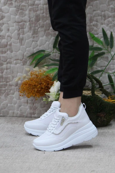 Fort Flet 207 Beyaz Fermuarlı Bağçıklı Dolgu Taban Kadın Spor Ayakkabı - 3