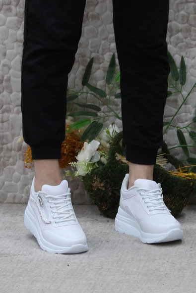 Fort Flet 207 Beyaz Fermuarlı Bağçıklı Dolgu Taban Kadın Spor Ayakkabı - 2