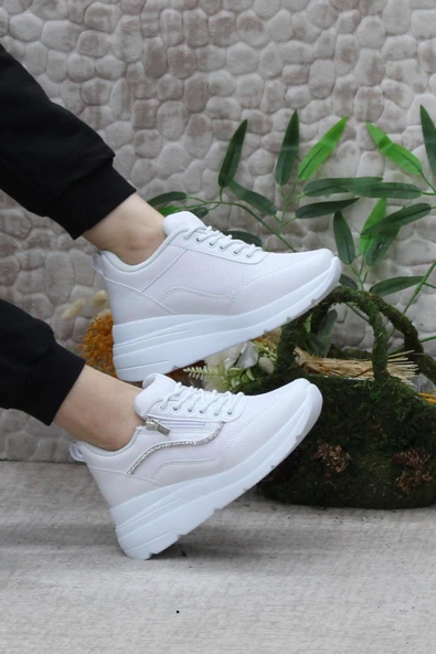 Fort Flet 207 Beyaz Fermuarlı Bağçıklı Dolgu Taban Kadın Spor Ayakkabı - 5