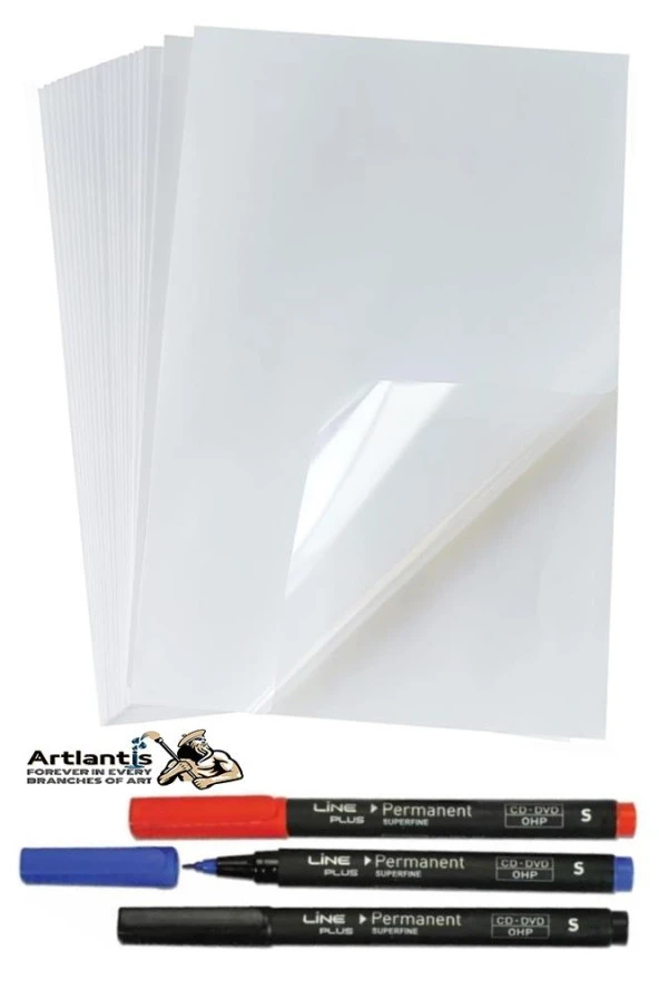 Asetat Kağıdı 25 Adet Pvc ve Asetat Kalemi S Siyah Mavi Kırmızı 1 Paket Fotokopi Asetatı Şeffaf Transparan 100 Mikron