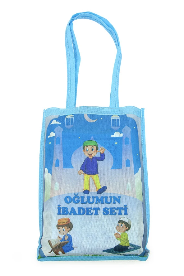 Kuran Kursları İçin Çantalı Kuranı Kerim Tesbih Çocuk Seccade Seti Mavi - Resim 3