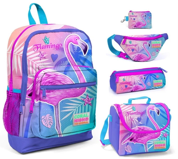 Coral High Pembe Flamingo Baskılı 5'li İlkokul Çanta Seti