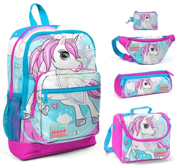 Coral High Mavi Unicorn Baskılı 5'li İlkokul Çanta Seti
