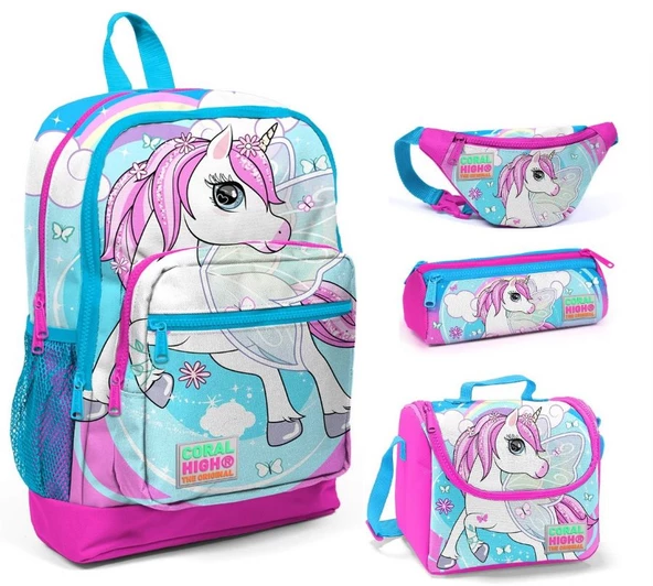 Coral High Pembe-Mavi Unicorn Baskılı Kız Çocuk 4'lü İlkokul Çanta Seti
