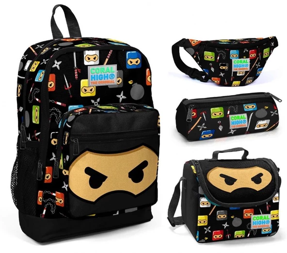 Coral High Ninja Baskılı Erkek Çocuk 4'lü İlkokul Çanta Seti ürün görseli