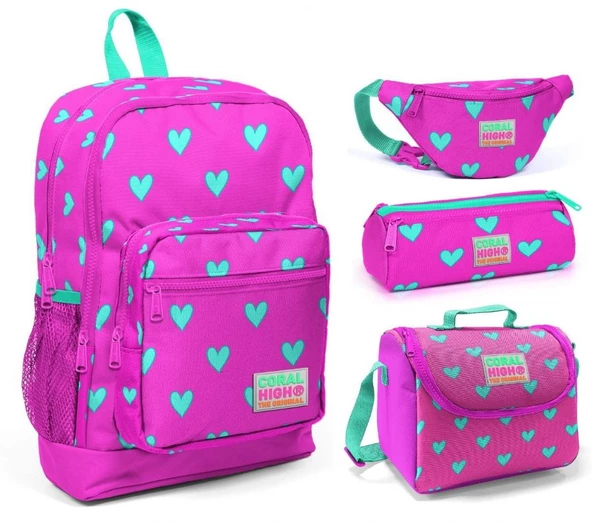 Coral High Pembe Kalp Baskılı Kız Çocuk 4'lü İlkokul Çanta Seti ürün görseli