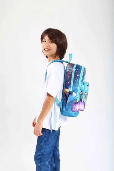 Kaukko İlkokul Sırt Çantası ve Beslenme Çantası Seti - Turkuaz Dinazor - Erkek Çocuk - Resim 2