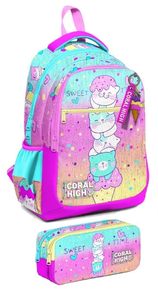 Coral High İlkokul Sırt Çantası ve Kalemlik Seti - Kız Çocuk - Renkli Dondurmalı Kedi ürün görseli