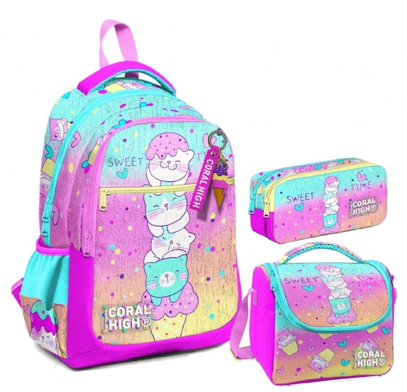 Coral High Kız Çocuk Üç Gözlü İlkokul Çanta Seti - Renkli Dondurmalı Kedi Desenli