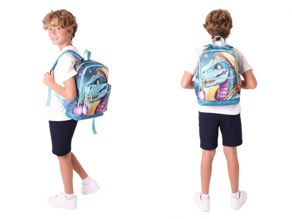 Kaukko İlkokul Sırt Çantası ve Beslenme Çantası Seti - Turkuaz Dinazor - Erkek Çocuk - Resim 3