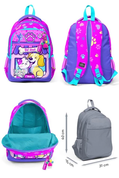 Coral High İlkokul Sırt Çantası ve Kalemlik Seti - Kız Çocuk - Kedi Köpek - Resim 2