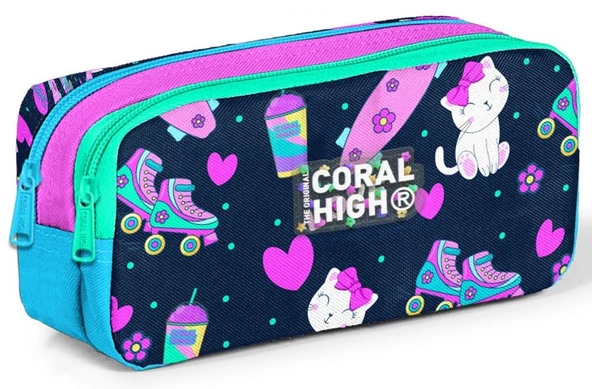 Coral High Lacivert Pembe Kedili İki Bölmeli Kalem Çantası - Kız Çocuk