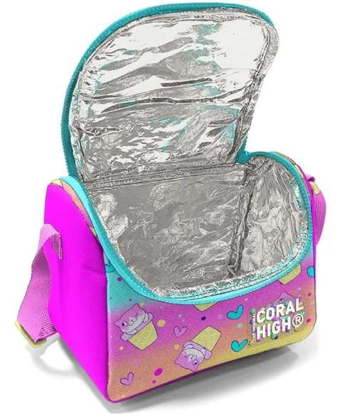 Coral High Renkli Dondurmalı Kedi Desenli Kız Çocuk Isı Yalıtımlı Beslenme Çantası ve Kalemlik Seti - Resim 2