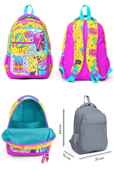 Coral High İlkokul Sırt Çantası ve Kalemlik Seti - Kız Çocuk - Mixed Dondurma - Resim 2