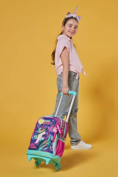 Coral High Işıklı Tekerlekli Pembe Su Yeşili Unicorn Çekçek Okul Çantası - Kız Çocuk - Resim 3
