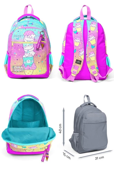 Coral High İlkokul Sırt Çantası ve Kalemlik Seti - Kız Çocuk - Renkli Dondurmalı Kedi - Resim 2