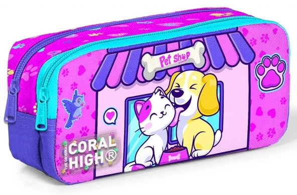 Coral High Kedi Köpek İki Bölmeli Kalem Çantası - Kız Çocuk