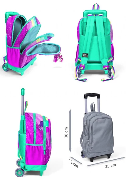 Coral High Işıklı Tekerlekli Pembe Su Yeşili Unicorn Çekçek Okul Çantası - Kız Çocuk - Resim 2
