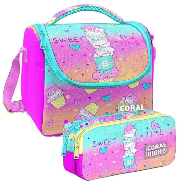 Coral High Renkli Dondurmalı Kedi Desenli Kız Çocuk Isı Yalıtımlı Beslenme Çantası ve Kalemlik Seti