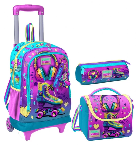 Coral High Pembe Turkuaz Kulaklık Paten Üçlü Çekçek Işıklı Tekerlekli Çanta Seti - Kız Çocuk