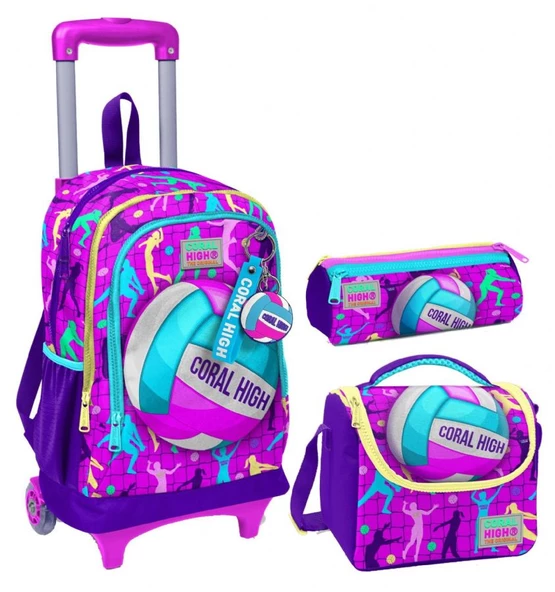 Coral High Pembe Mor Voleybol Üçlü Çekçek Işıklı Tekerlekli Çanta Seti - Kız Çocuk ürün görseli 1
