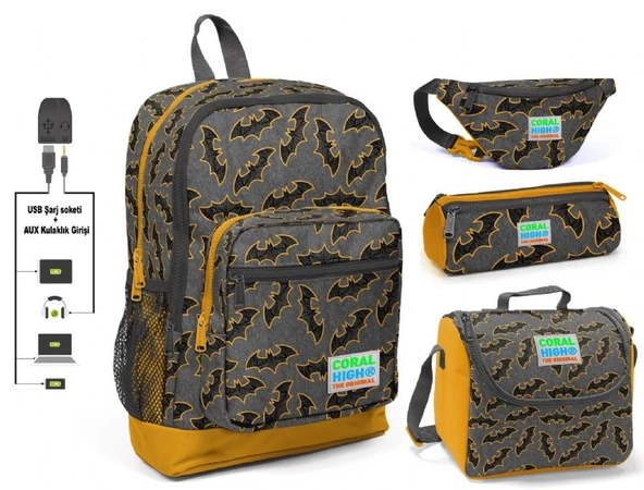 Coral High Yarasa Baskılı 4'lü Erkek Çocuk İlkokul Çanta Seti - USB Soketli ürün görseli 1
